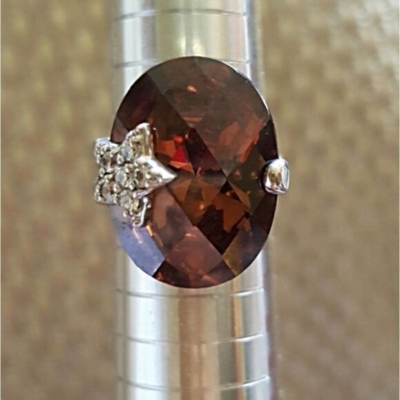SMOKY TOPAZ STERLING RING W/ PAVE CZs - Picture 3 of 5